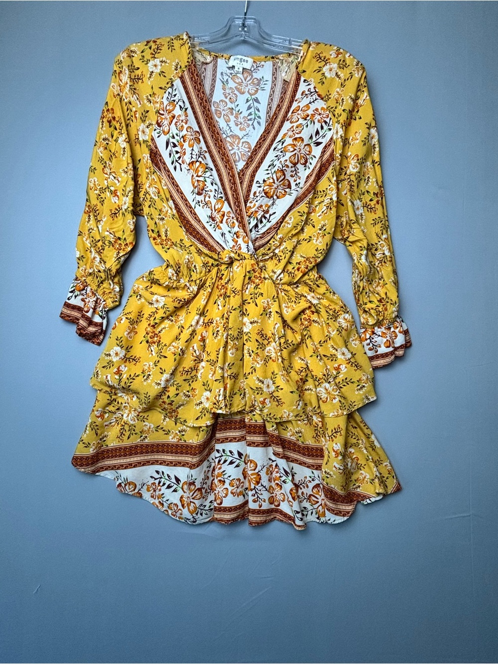 Umgee Mustard Yellow Floral Boho Faux Wrap Ruffle Dress Size Medium